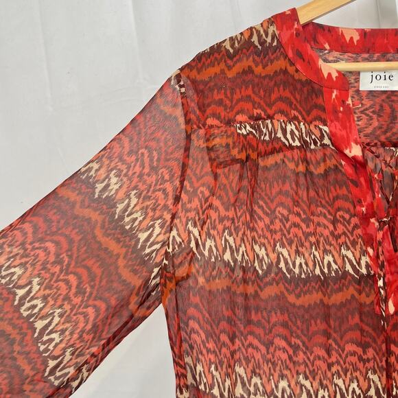 JOIE Bremene Sheer Silk Tunic Top Lace Up V Neck Printed Orange Red Brown Size L - Picture 4 of 9